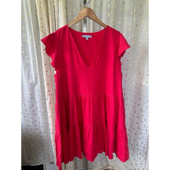 Antonio Melani Linen Blend V-Neckline Cap Flutter Sleeves Tiered A-Line Dress XL - Picture 2 of 6